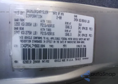 2000 Chrysler Town & Country Lxi из США, поврежденный, VIN 1C4GP54L7YB661004